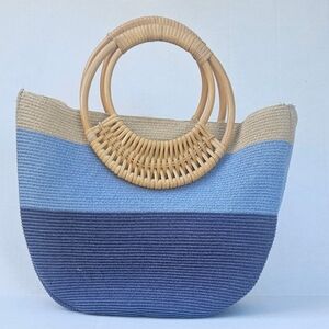 Blue and Tan Woven Tote Bag with Bamboo Handles